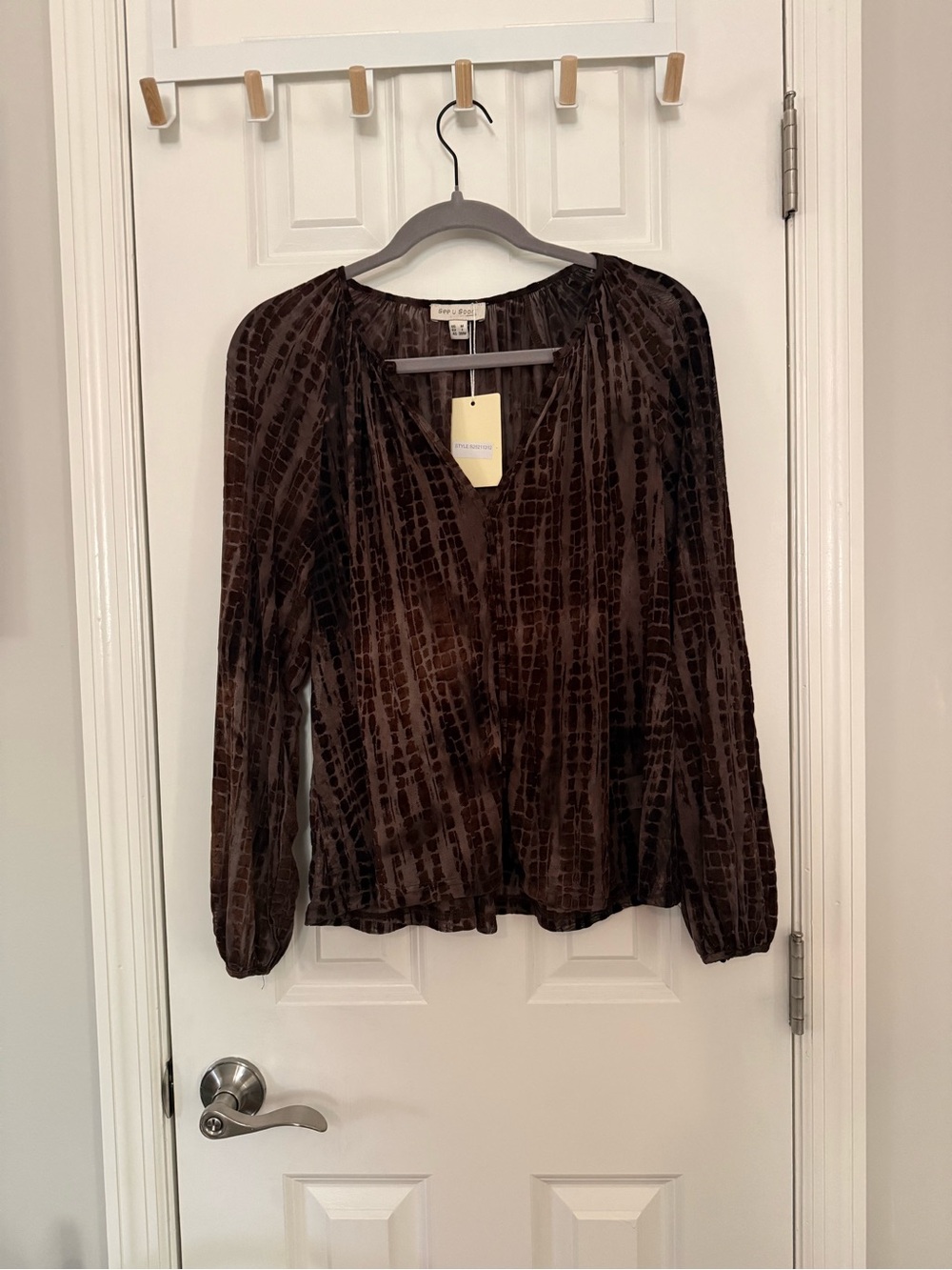 Boutique Velvet Textured Brown Long-Sleeve Blouse